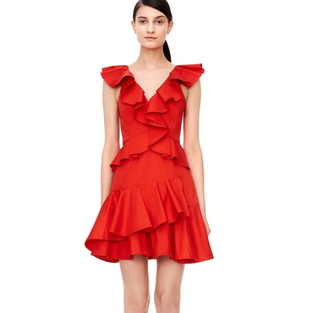 Rebecca Taylor V-Neck Sleeveless Ruffle Mini Cocktail Dress in Red